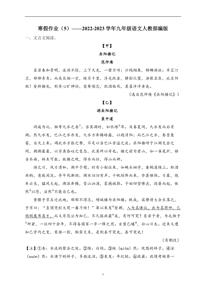 2022-2023学年九年级语文人教部编版寒假作业（5）（含答案）