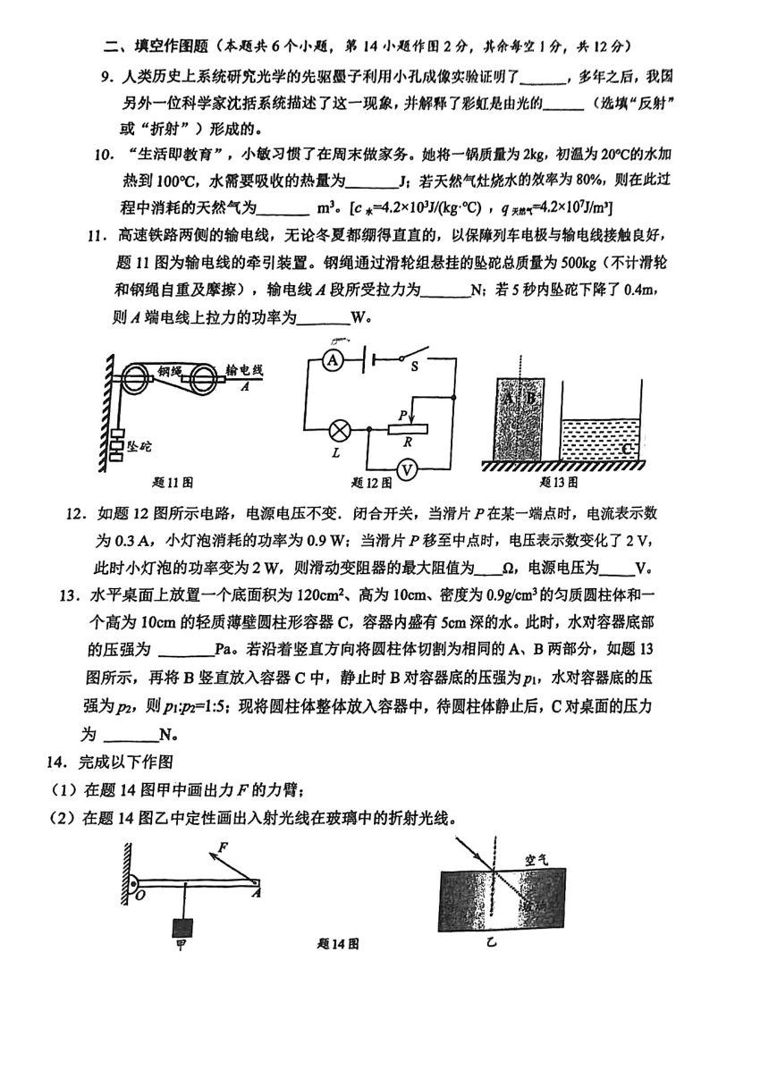 2024年重庆市沙坪坝区指标到校初九年级适应性考试物理试题(PDF无答案）