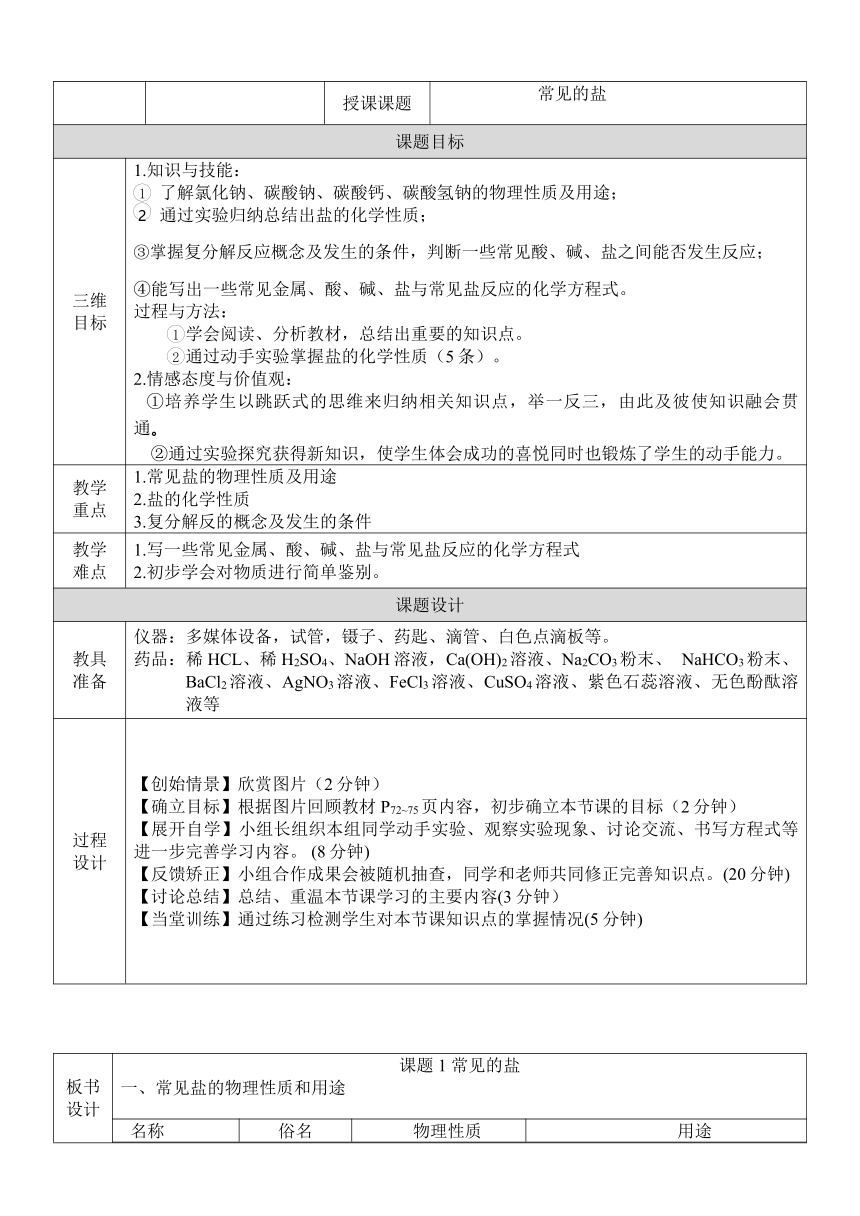 人教版（五四学制）化学九年级全册  第四单元  课题1  生活中常见的盐——复分解反应发生的条件  教案（表格式）