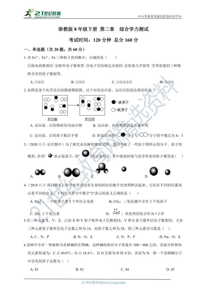 【阶段学力检测】浙教版8年级下册 第2章 微粒的模型与符号  综合学力测试（含答案）