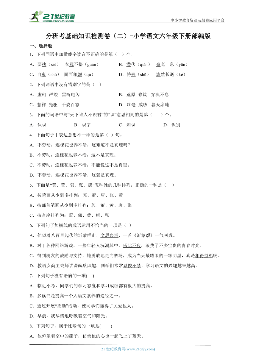 部编版小学语文六年级下册分班考基础知识检测卷（二）-（含答案）