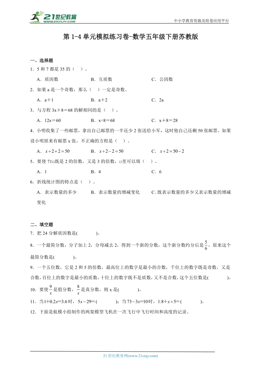 第1-4单元模拟练习卷（含答案）数学五年级下册苏教版