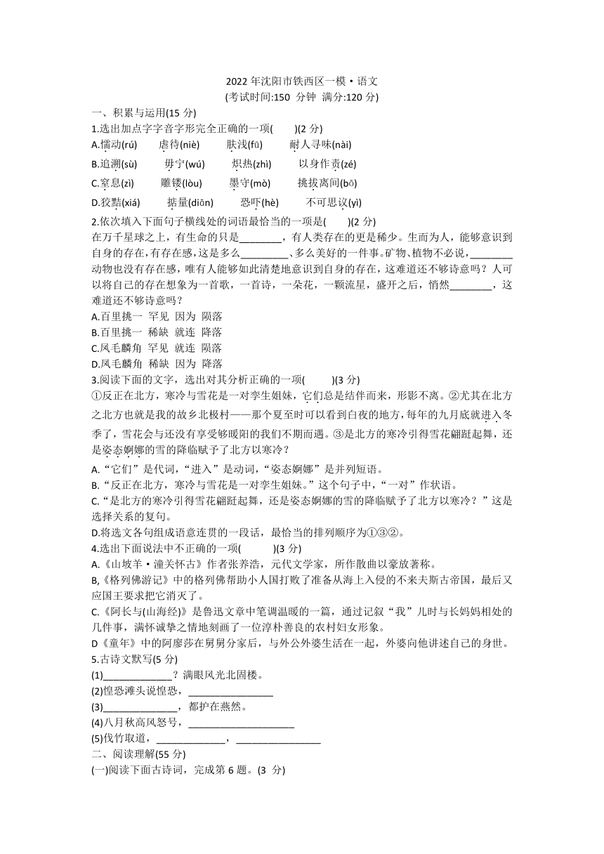 2022年辽宁省沈阳市中考一模语文试卷（含答案）