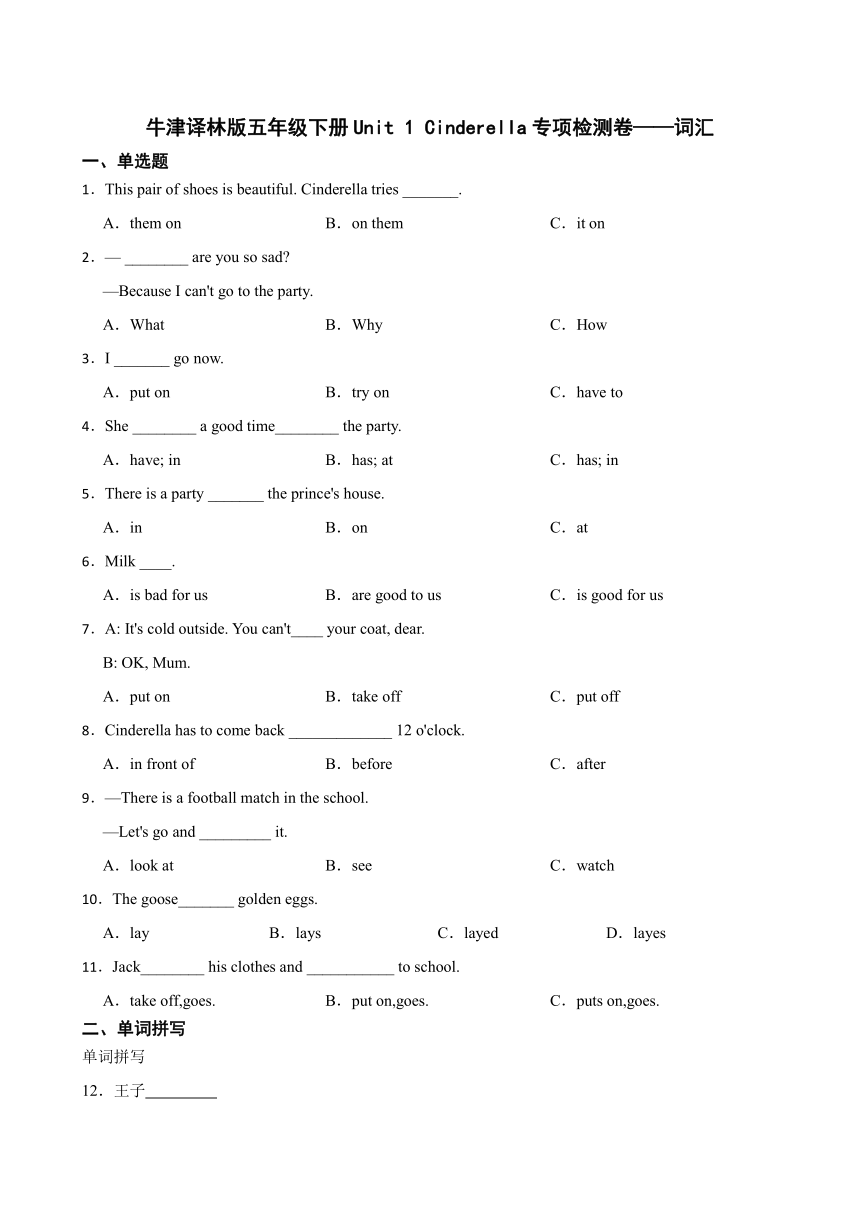 Unit 1 Cinderella专项检测卷——词汇 同步练习（含答案）