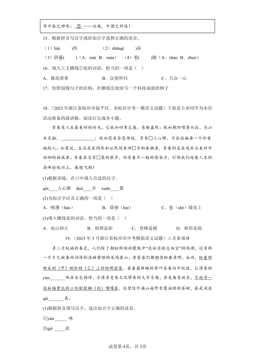 浙江省杭州市2023年中考语文一模试题汇编-基础知识综合（含解析）