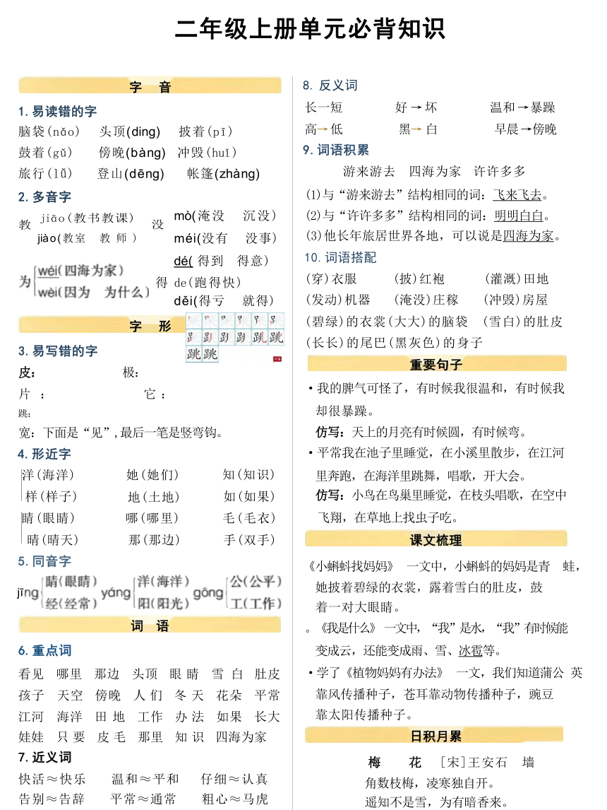 统编版语文二年级上册 必背知识点总结