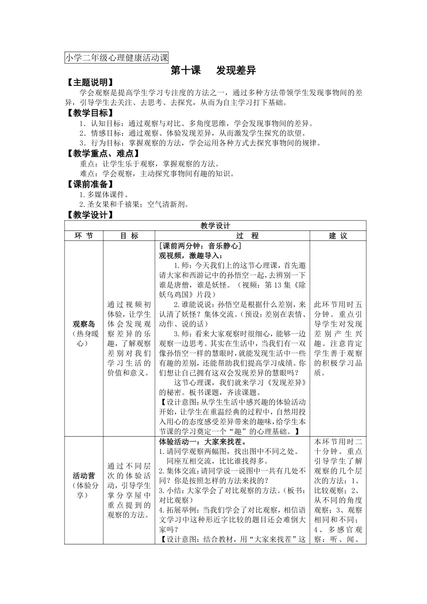 鄂科版 二年级心理健康教育 10发现差异  教案（表格式）