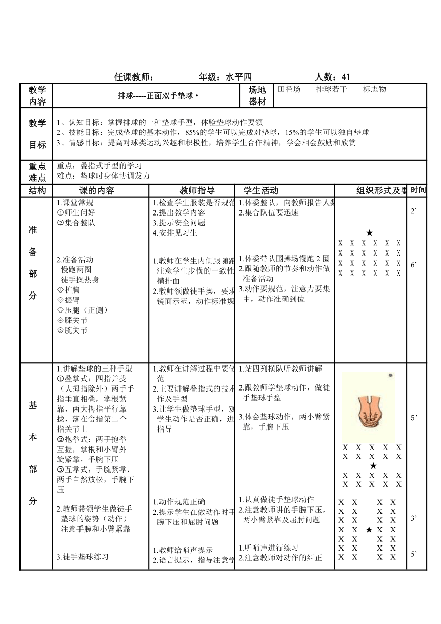 第五章排球——正面双手垫球教学设计-2021-2022学年人教版体育与健康（水平四）八年级全一册（表格式）