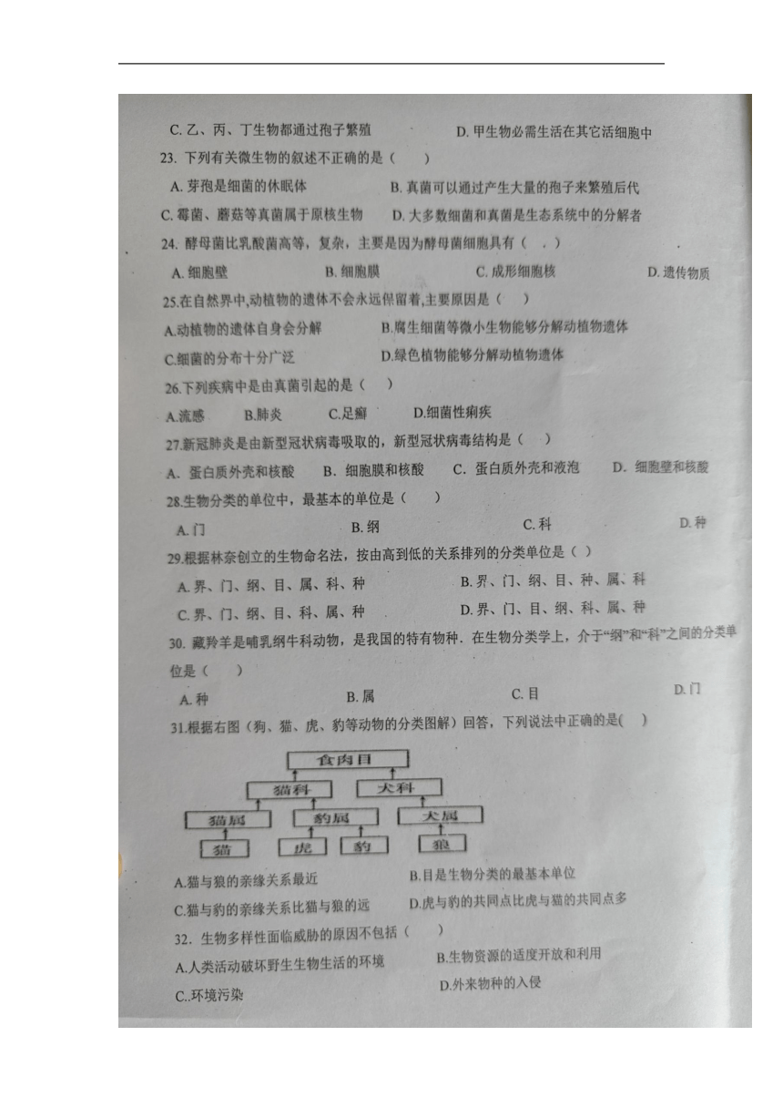 云南省文山市第三中学2022-2023学年八年级上学期第一次月考生物试题（图片版，含答案）