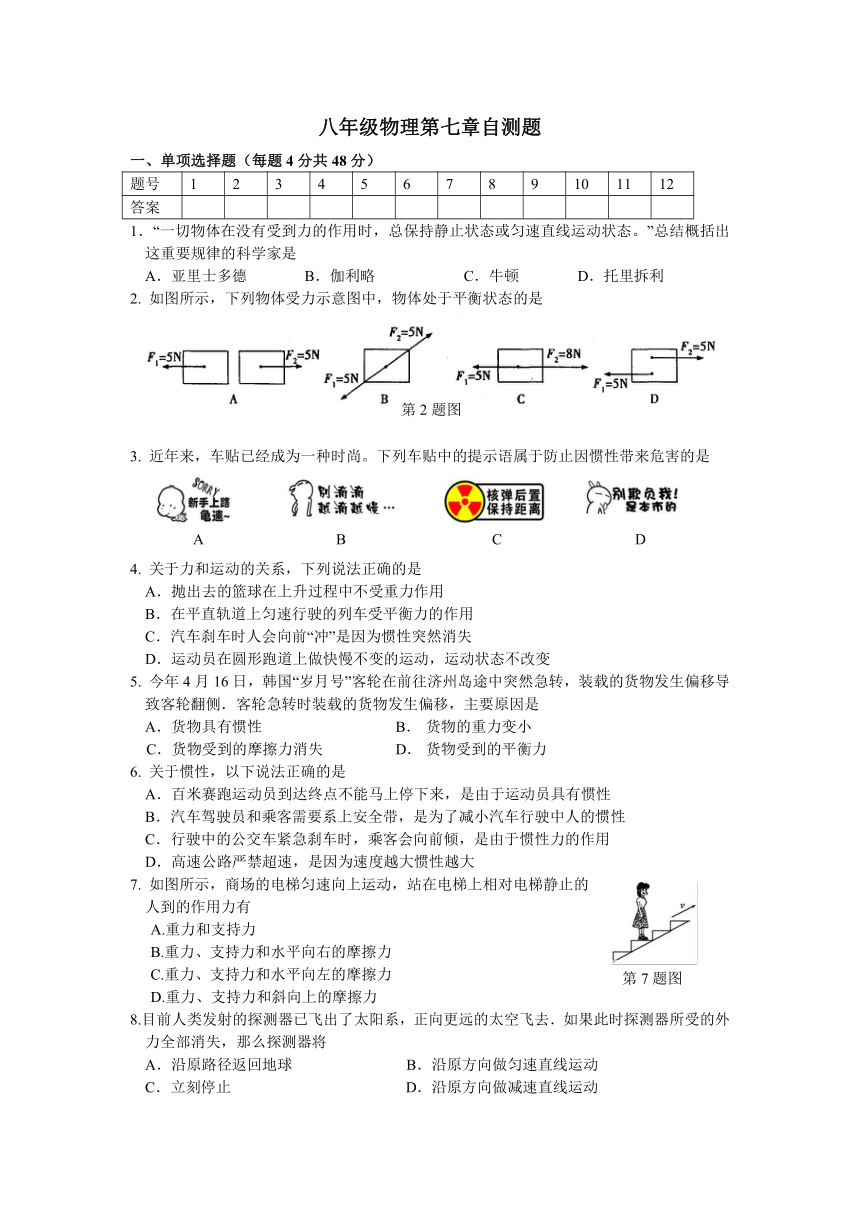 沪科版 八年级物理暑假专题 第七章 力与运动 自测题及参考答案