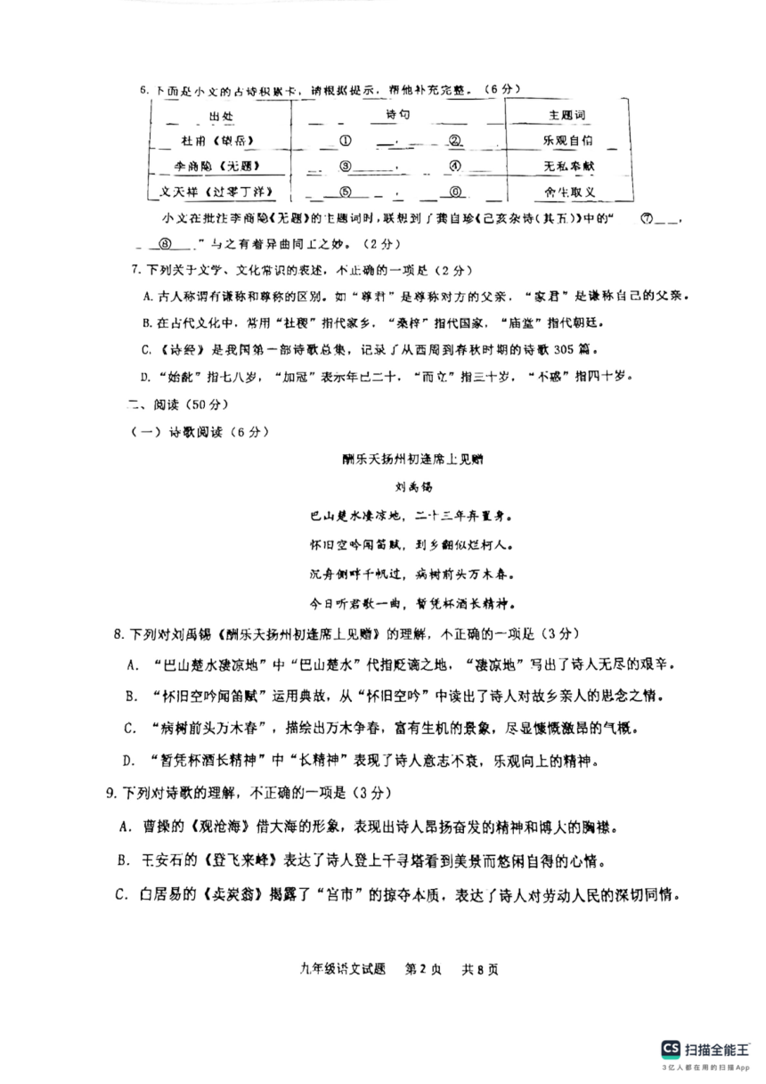 2024年山东省青岛市城阳区一模语文试卷（PDF版无答案）