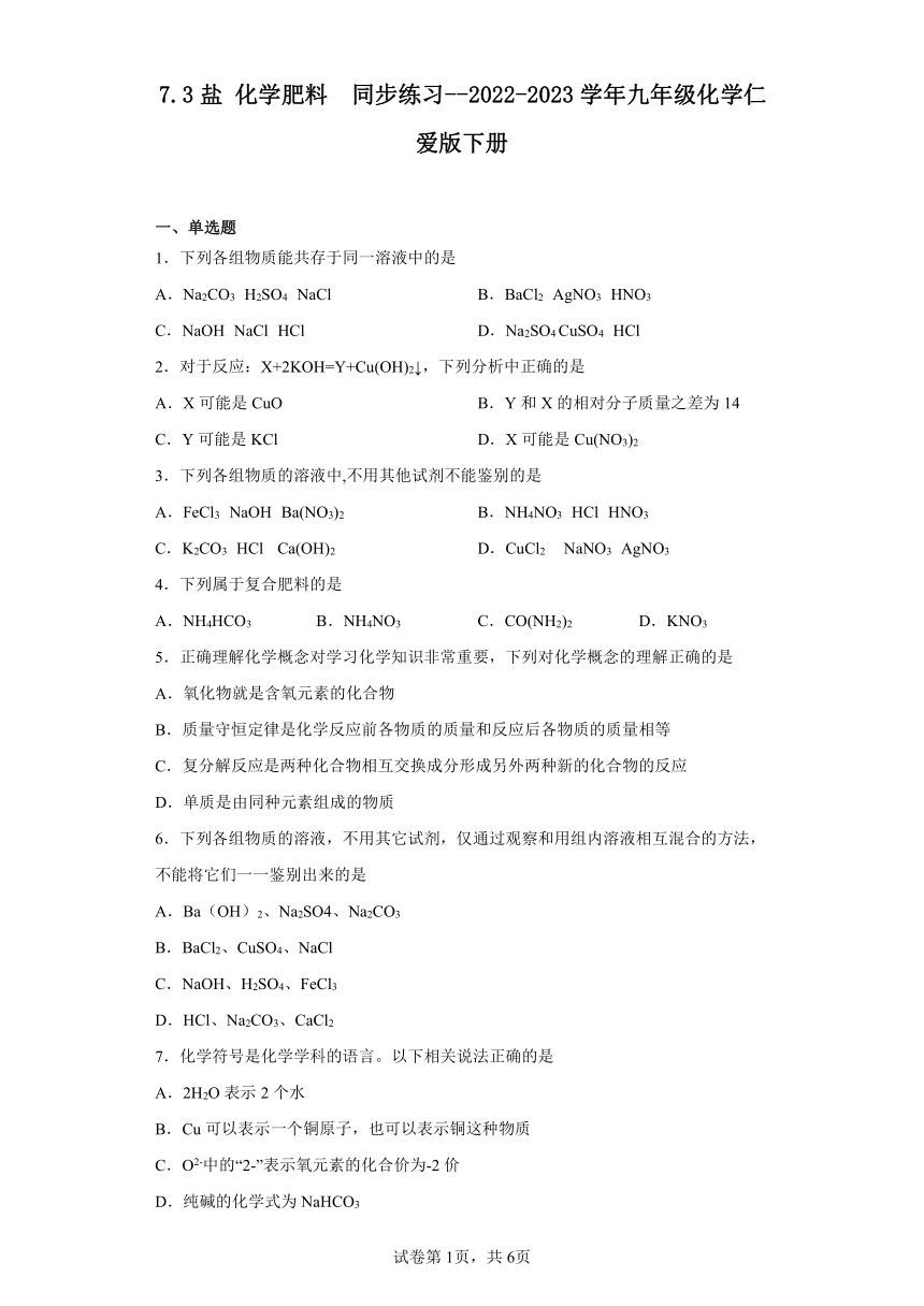 7.3盐 化学肥料  同步练习（含解析）--2022-2023学年九年级化学仁爱版下册