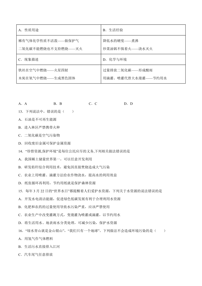 11.4化学与环境保护课后练习—2021_2022学年九年级化学鲁教版下册（word版 含解析）