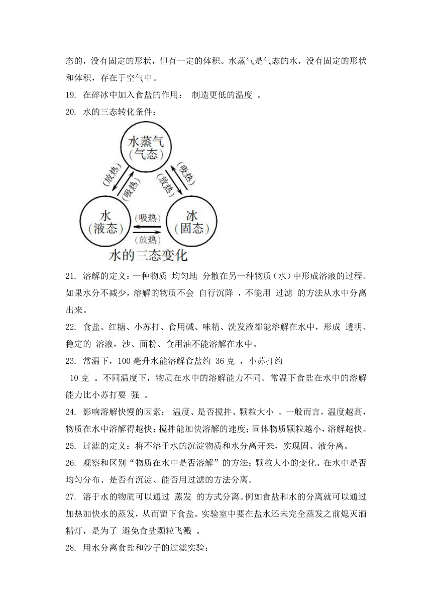 教科版（2017秋）三年级上册科学实验梳理－第一单元水   （含答案）