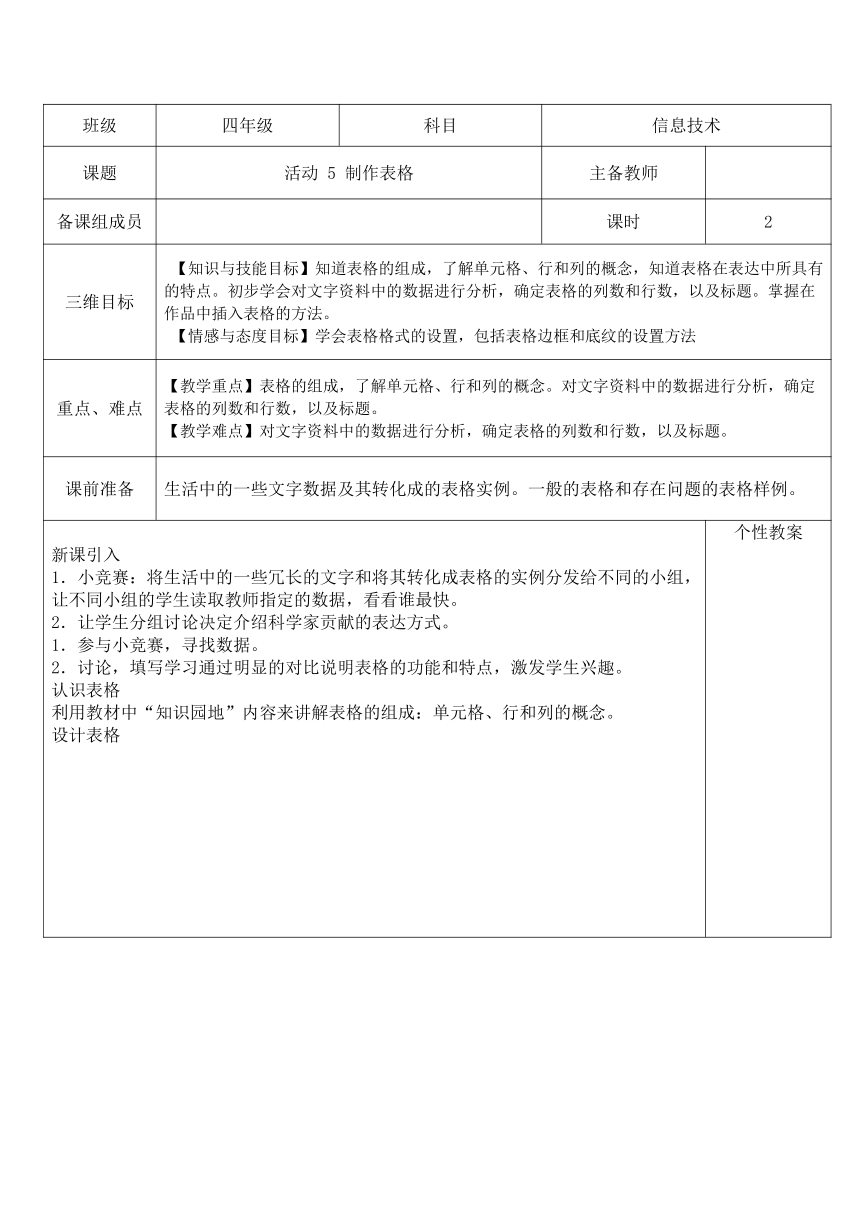 第二单元 活动5 制作表格 教案（2课时，表格式）