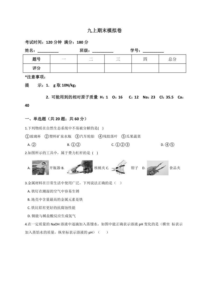 期末模拟—华东师大版九年级科学上册同步测验（含答案）