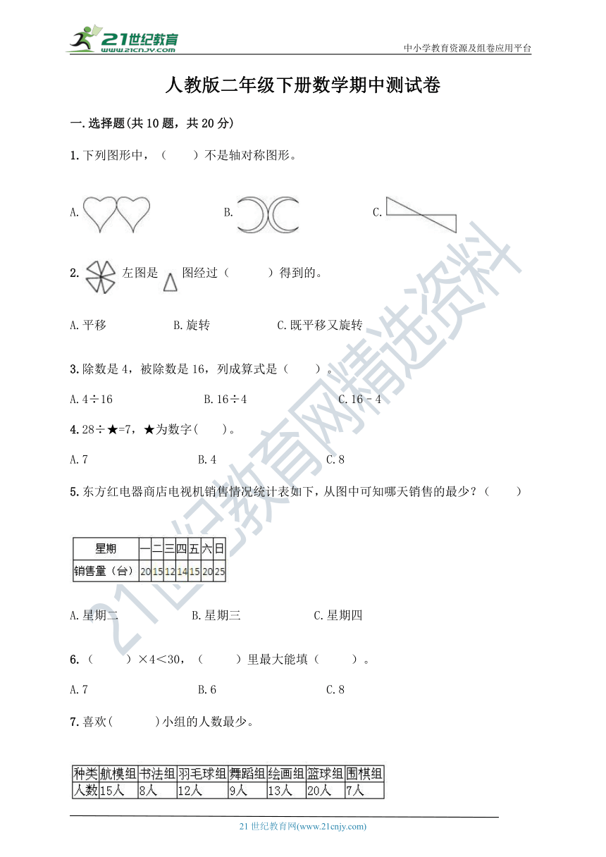 人教版二年级下册数学期中测试卷（含答案）