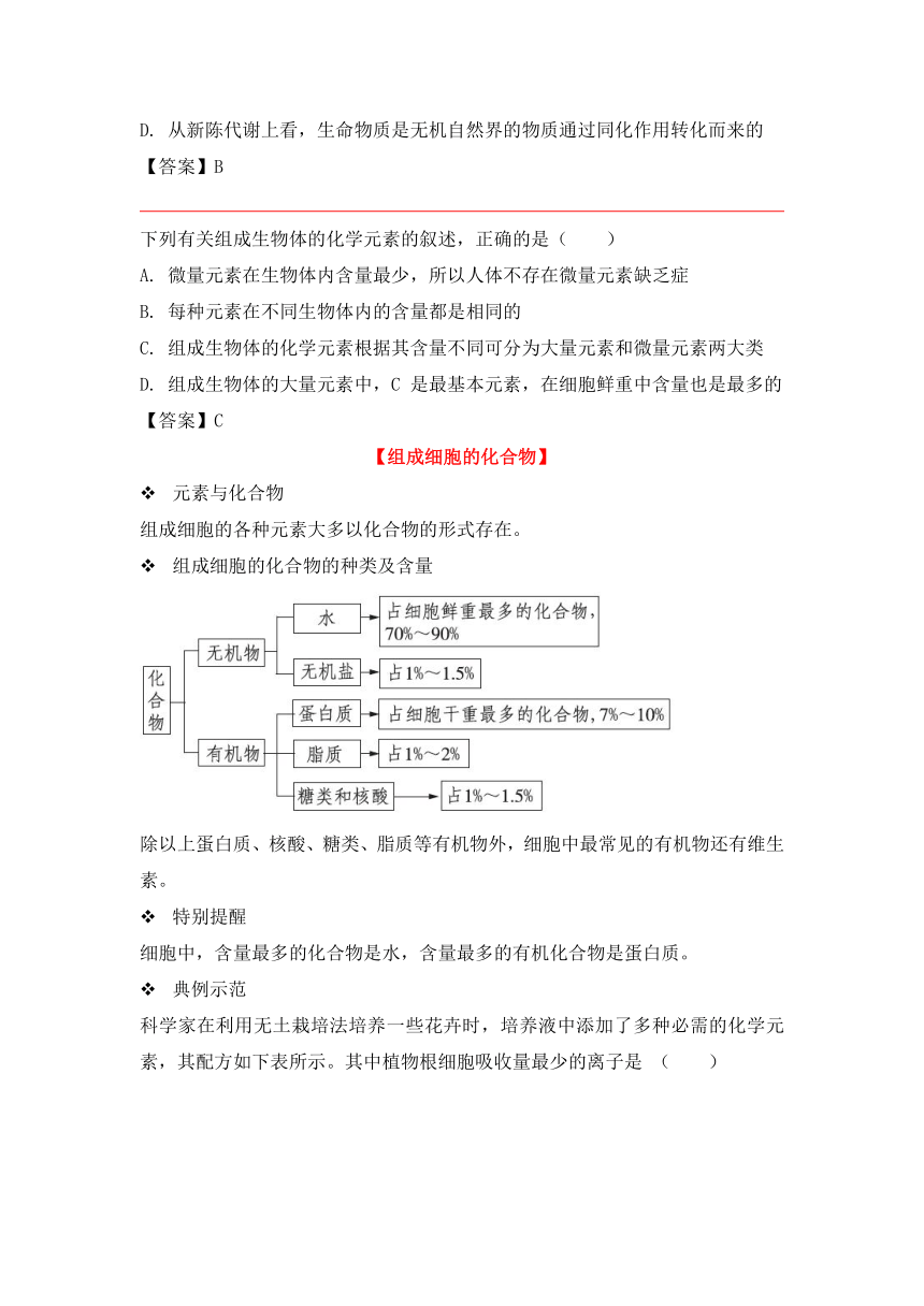 人教版（2019）必修一备考期末-《组成细胞的分子》-“细胞中的元素和化合物”章节重点归纳&典例示范学案（含答案）