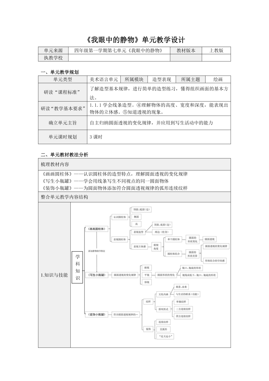 沪教版四年级上册美术 第七单元《我眼中的静物》教案（表格式）