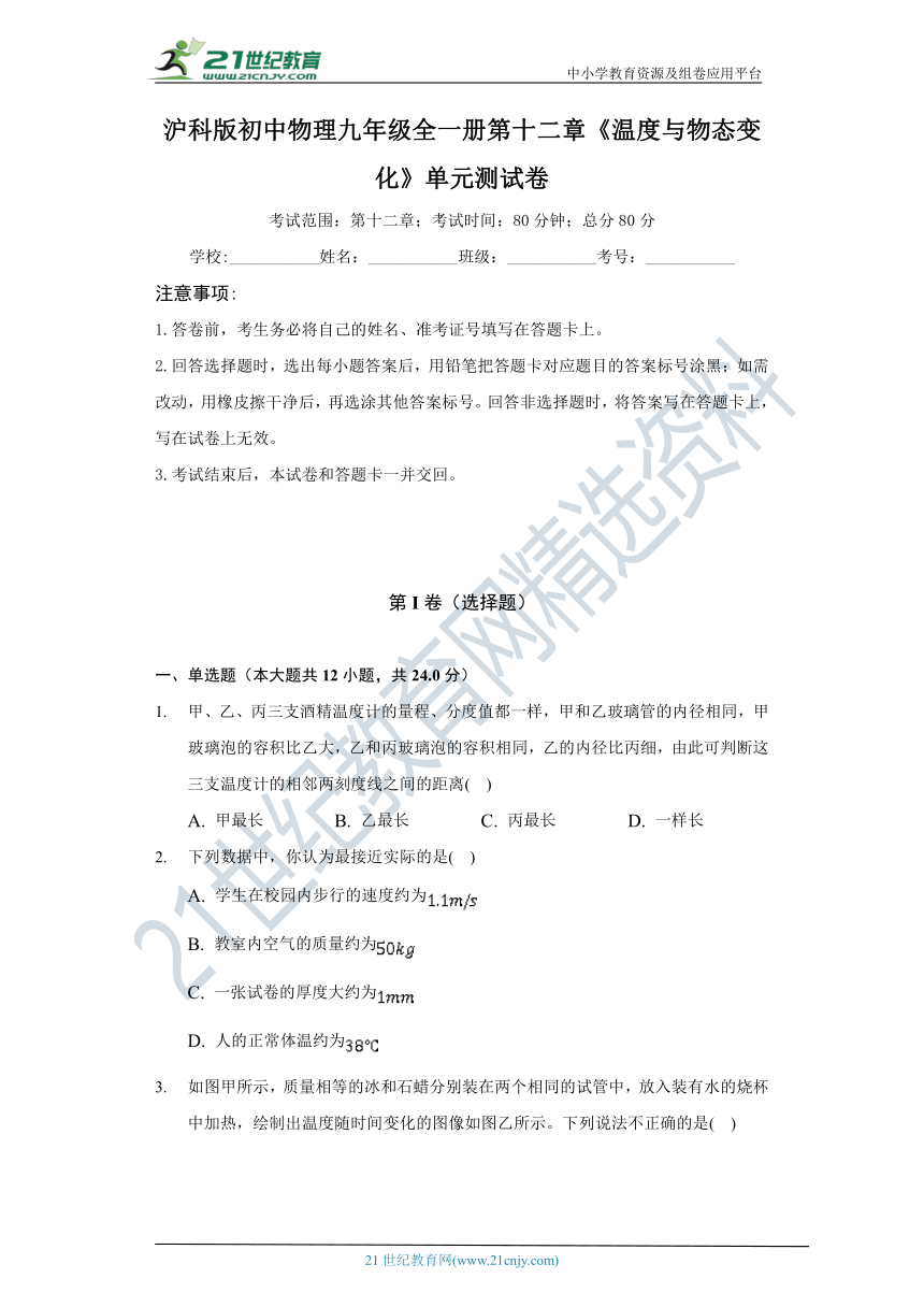 【备课精选】沪科版初中物理九年级全一册第十二章《温度与物态变化》单元测试卷（含答案解析）