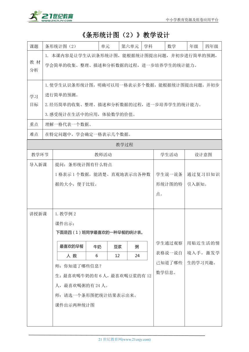 人教版小学数学四年级上册7.2《条形统计图（2）》教学设计