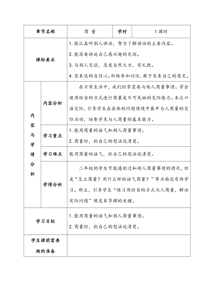 部编版语文二年级上册 第五单元口语交际课《商量》（教学设计）（表格式）