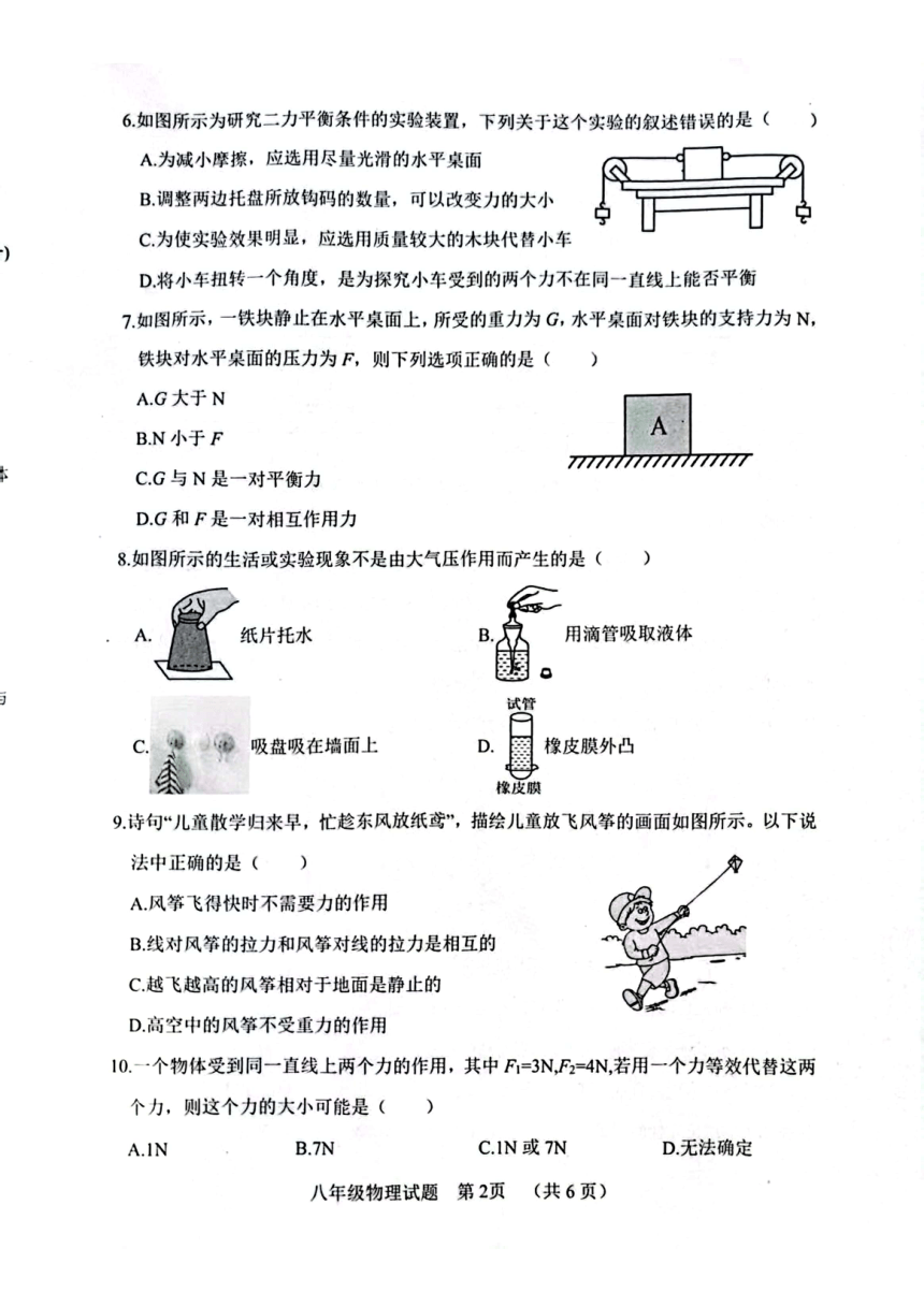 山东省菏泽市鄄城县2023-2024学年八年级下学期4月期中物理试题（PDF无答案）