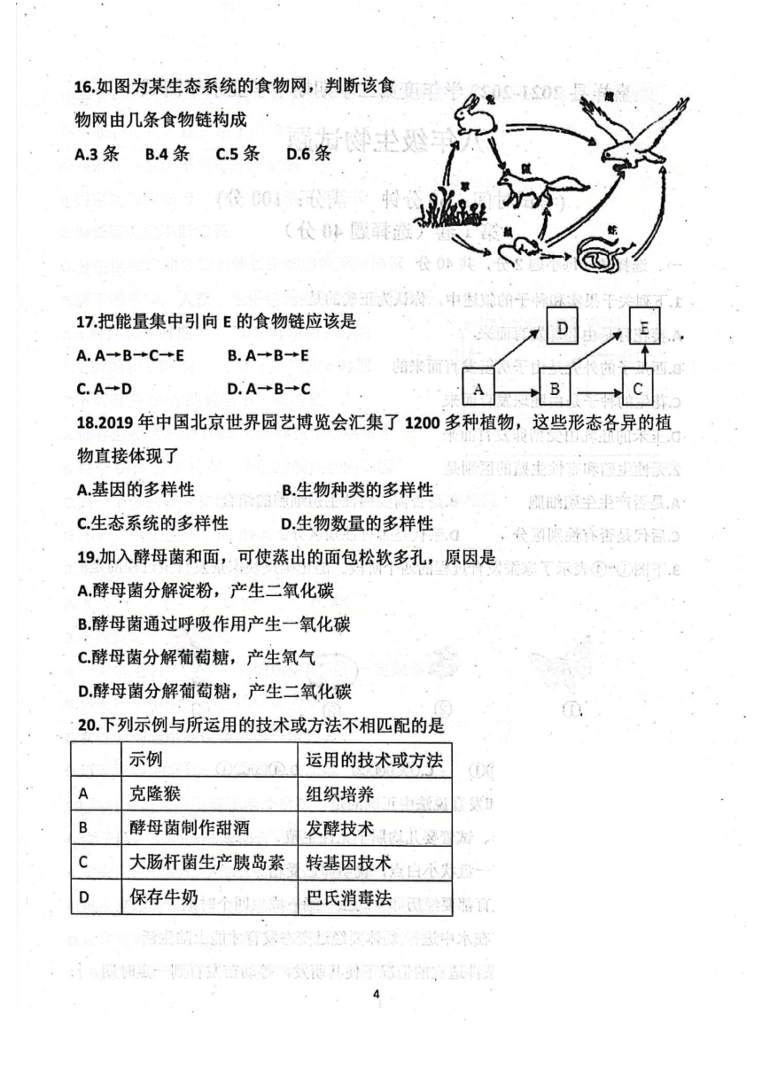 山东省济宁市嘉祥县第三中学2021～2022学年度下学期期中考试八年级生物试题（扫描版 有答案）