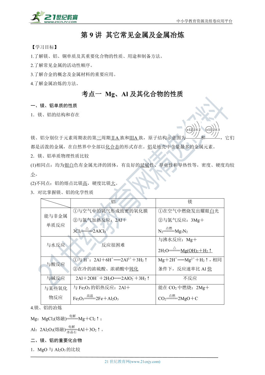 【备考2022】高考化学一轮复习第9讲其他常见金属（Mg、Al、Cu）及金属冶炼考点一Mg、Al及其化合物的性质（解析版）