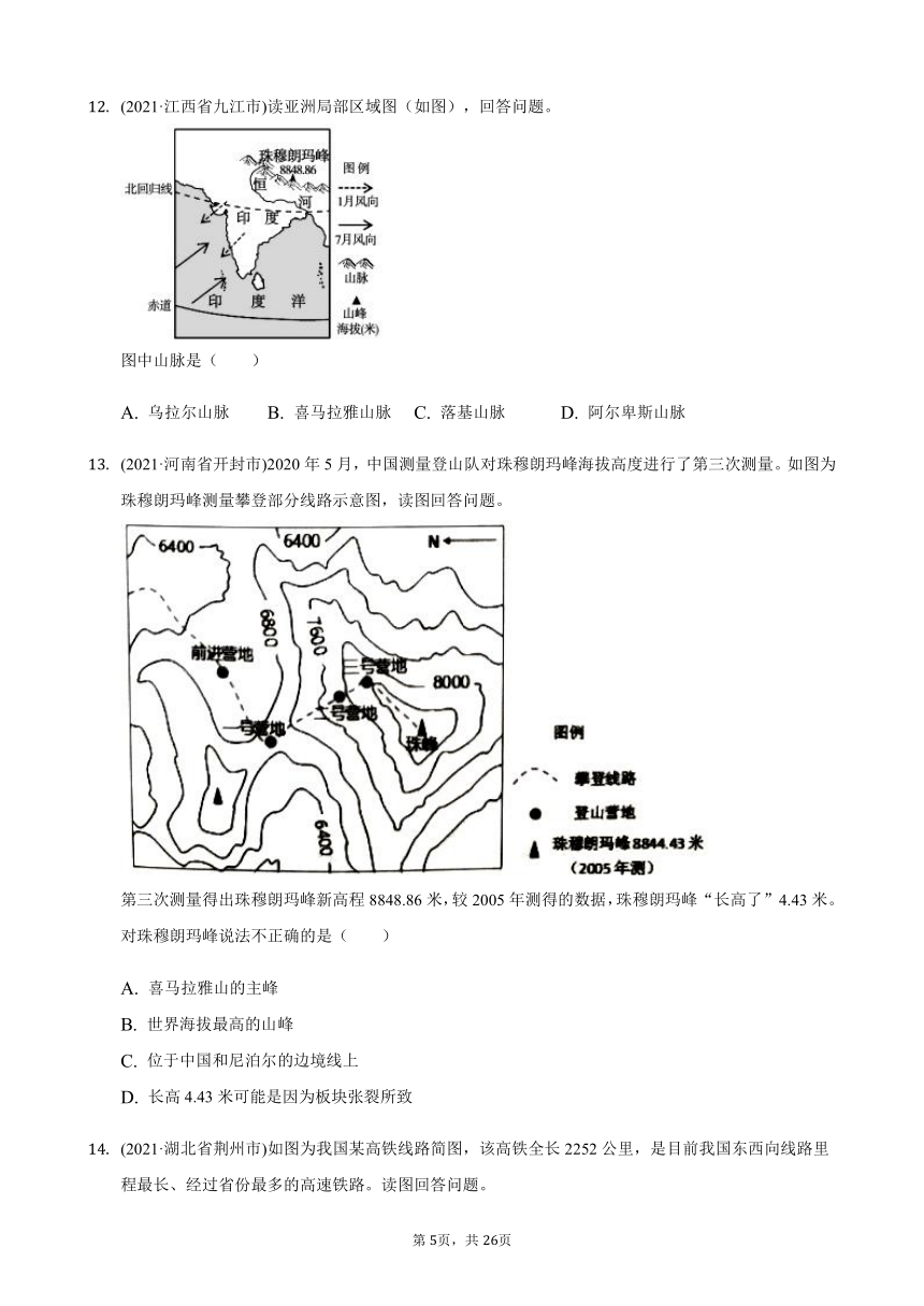 2021年中考真题汇编人教版八年级地理上册2.1地形和地势（Word版含答案）