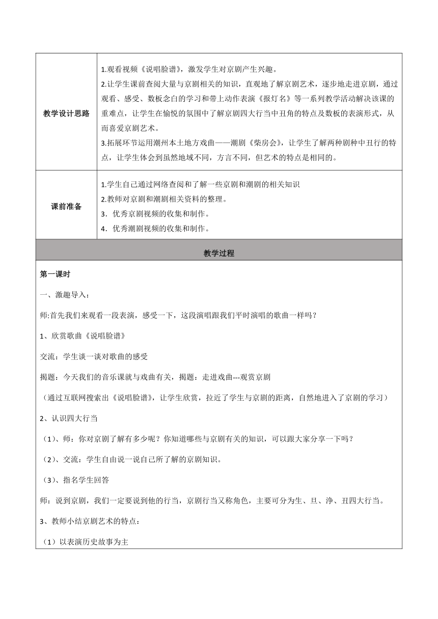 三年级下册音乐教案第12课 观看 京剧丑角的念白《报灯名》花城版（表格式）