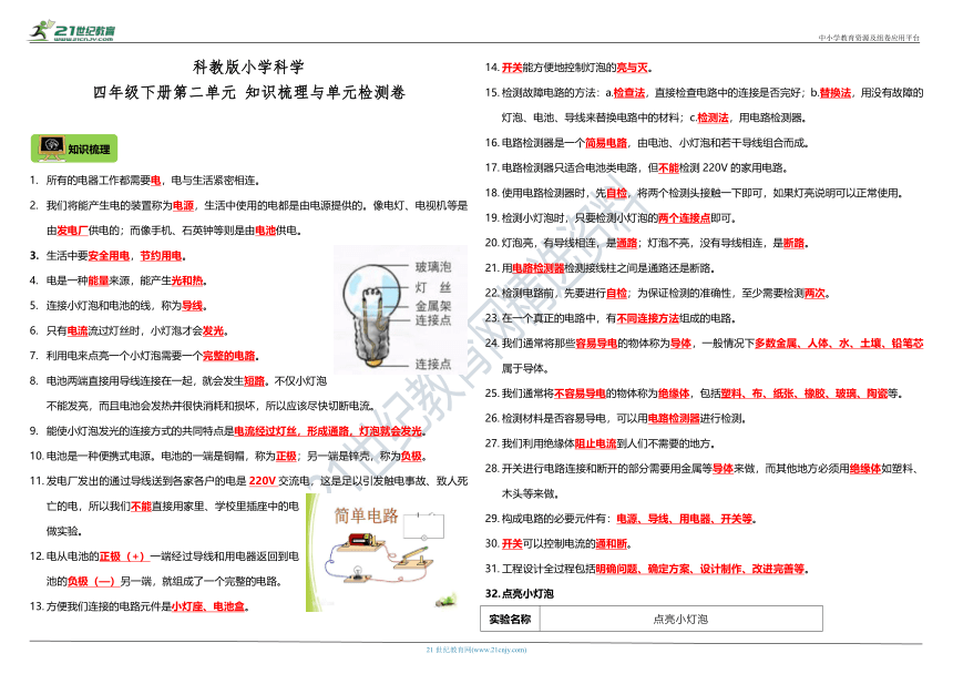 教科版（2017秋）小学科学四年级下册第二单元 知识梳理与单元检测卷（含答案）