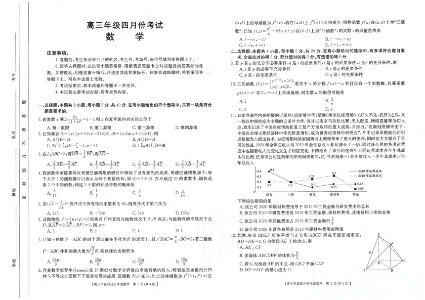 2021年4月河北省高三模拟考试试题数学PDF版含答案解析