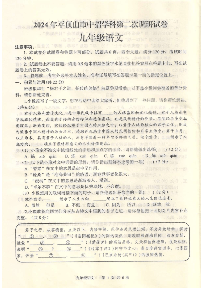 2024年河南省平顶山市中考二模语文试题（pdf版无答案）