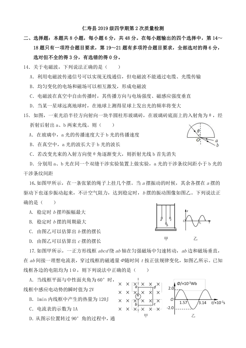 四川省仁寿县2020-2021学年高二下学期第二次质量检测（5月）理综物理试题 Word版含答案