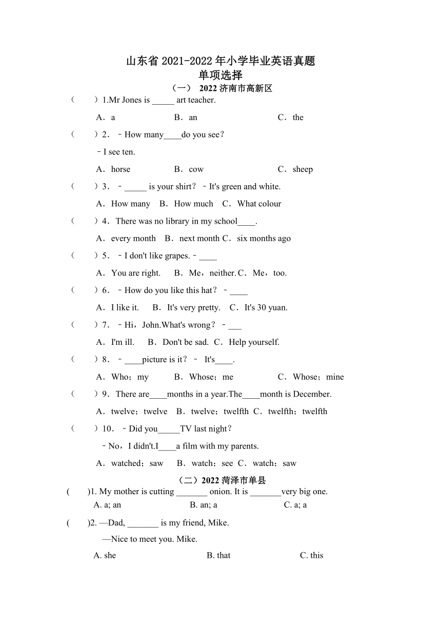 【真题汇编】2022年山东省小学毕业考试英语真题集锦-02单项选择（含答案）