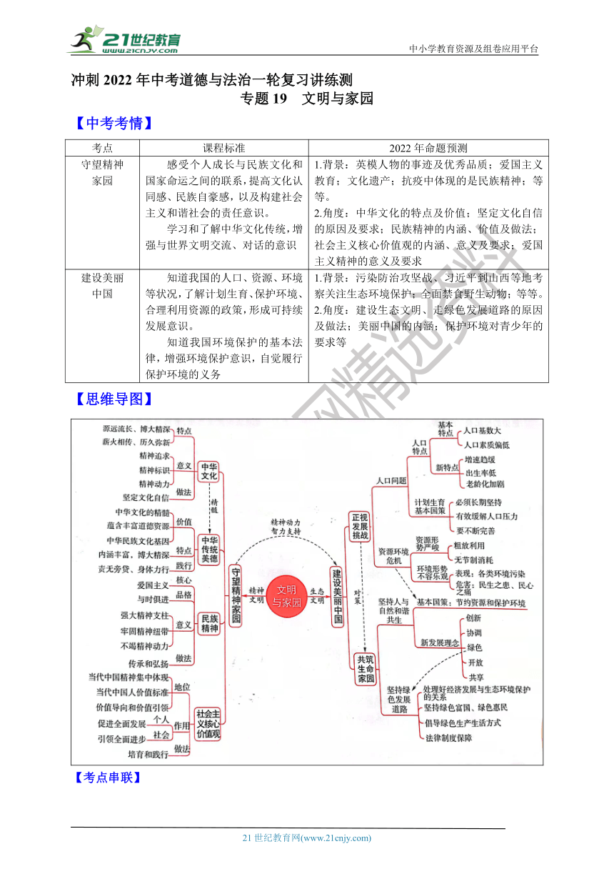 专题19  文明与家园—冲刺2022年中考道德与法治一轮复习讲练测（含答案）