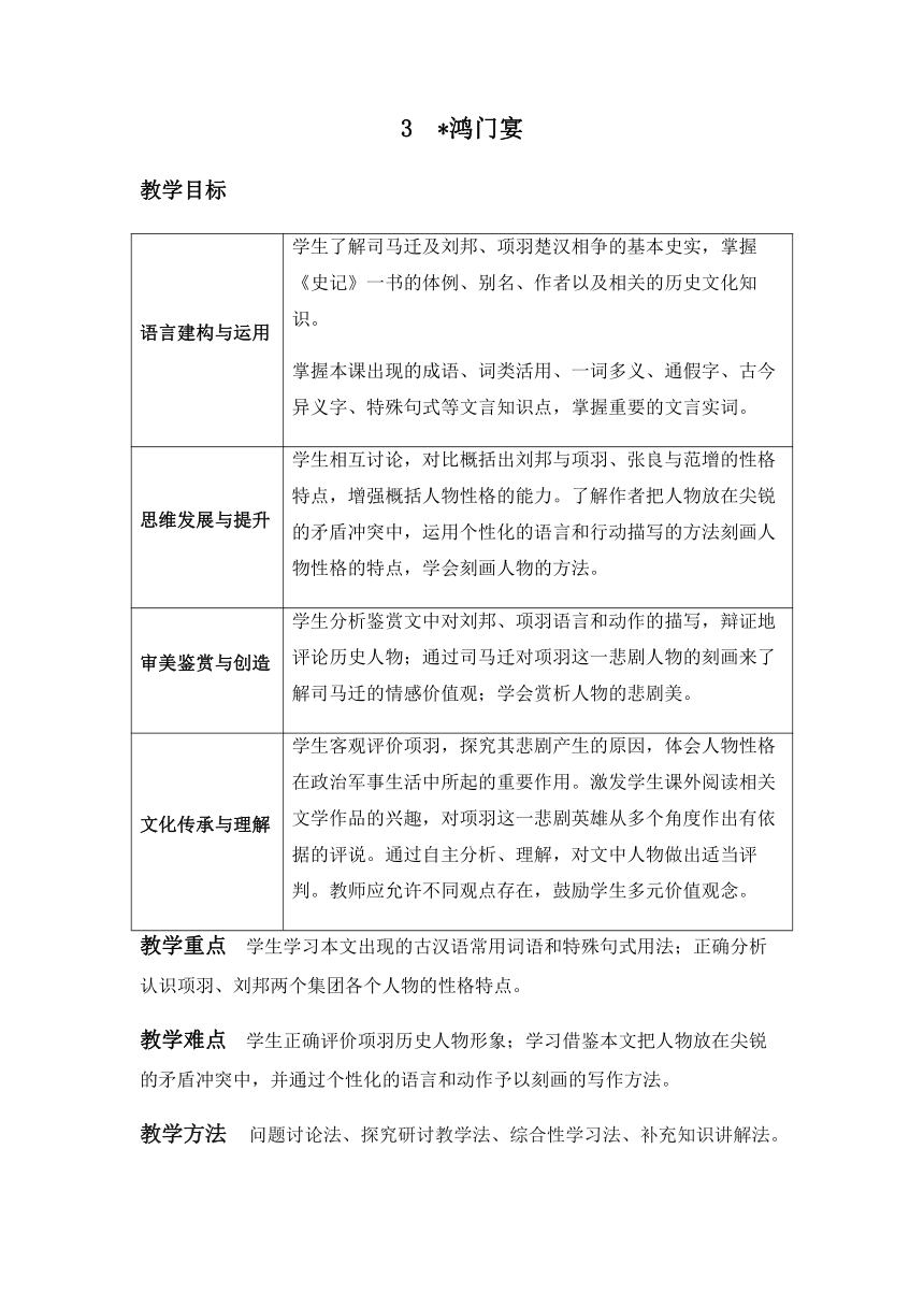 2020-2021学年统编版高中语文必修下册第一单元3《鸿门宴》教学设计