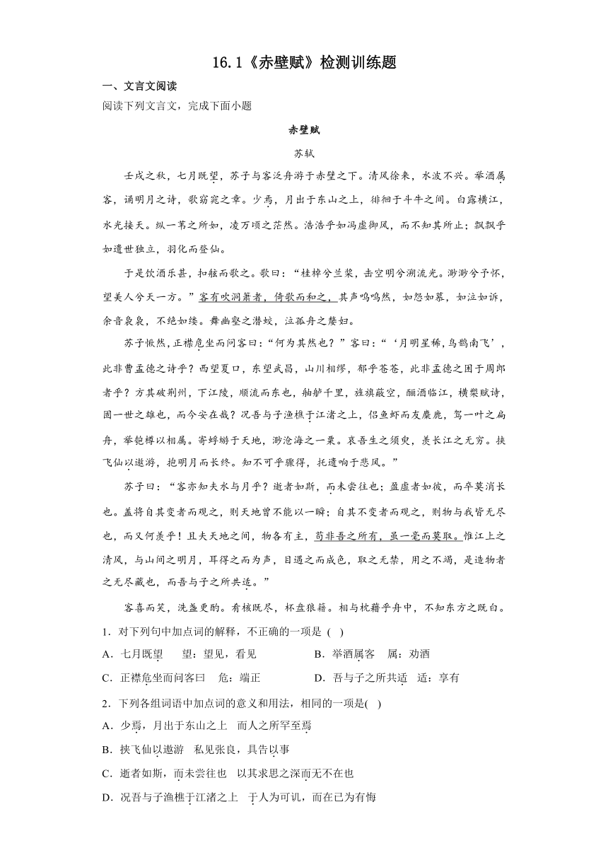 16.1《赤壁赋》检测训练题2022-2023学年统编版高中语文必修上册（含答案）