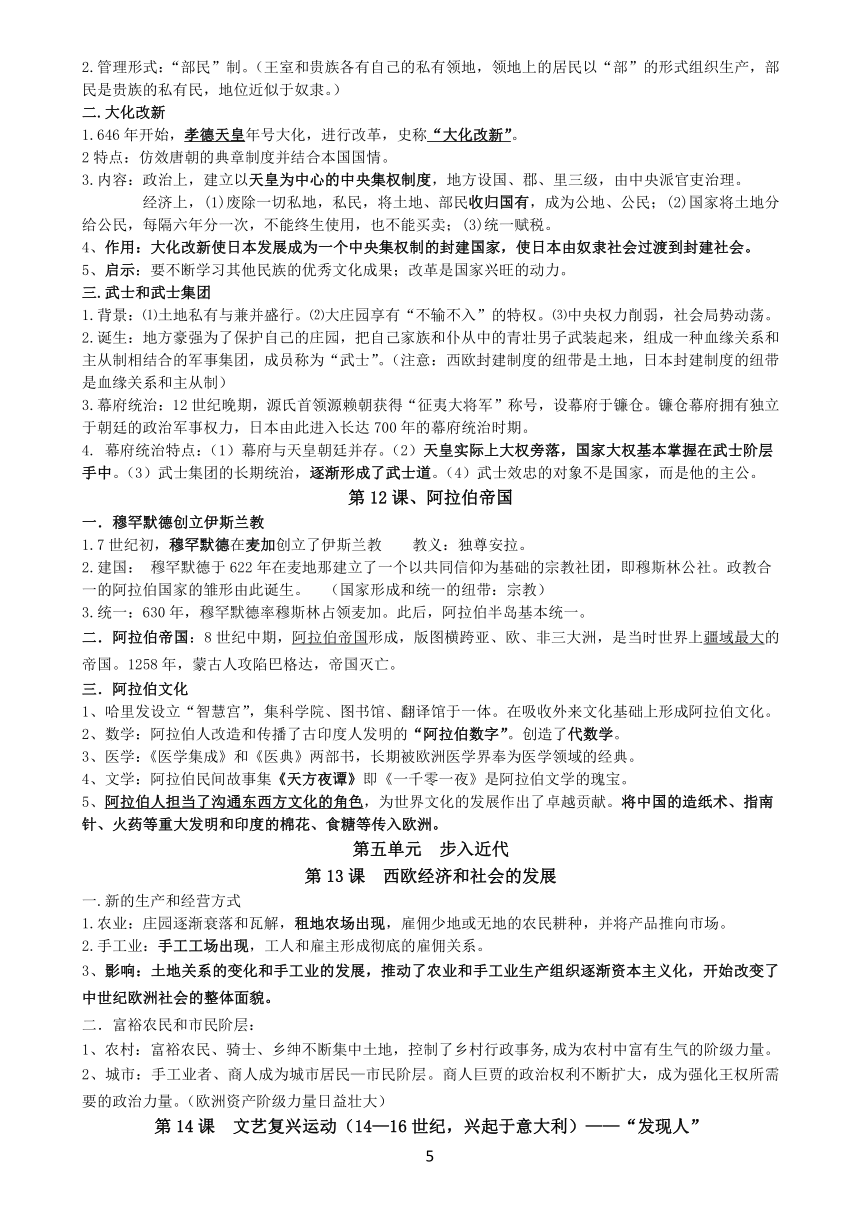 2022年部编版九年级历史上册知识要点