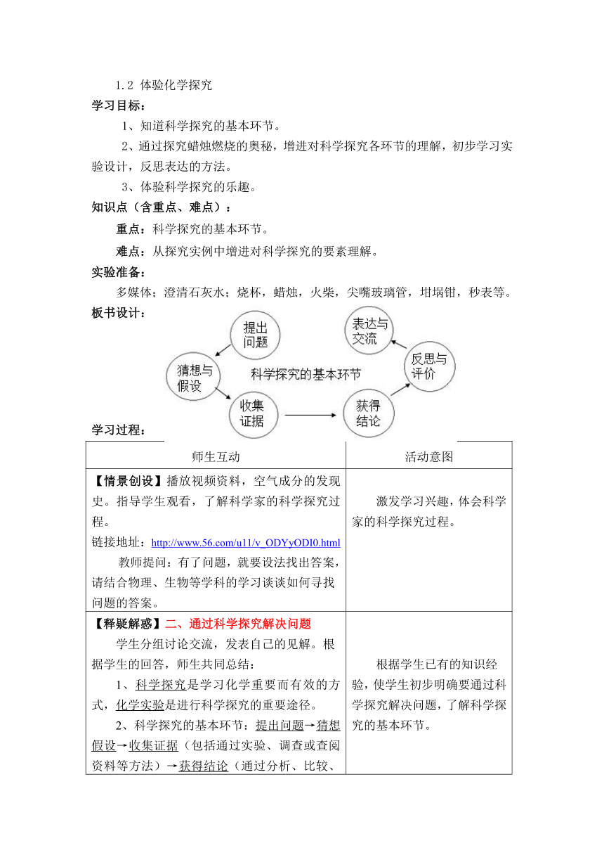 鲁教版 化学 九年级上册 1.2 体验化学探究教案