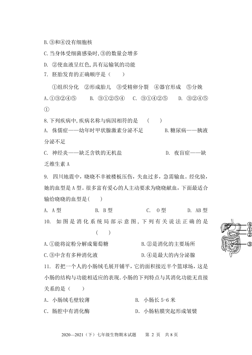 内蒙古满洲里市2020-2021学年七年级下学期期末检测生物试题（Word版含答案）