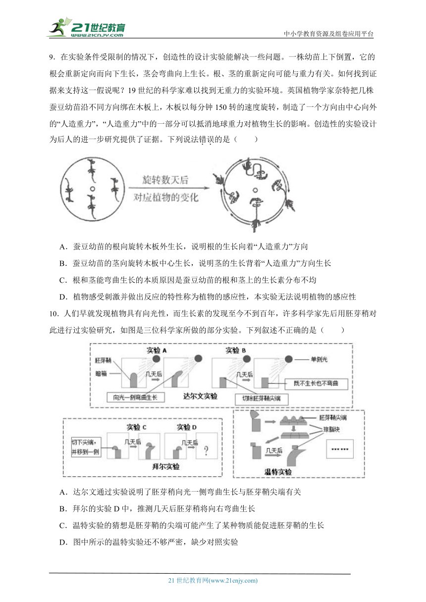 华师大版科学 八下 7.5植物生命活动的调节 课时训练（含答案）