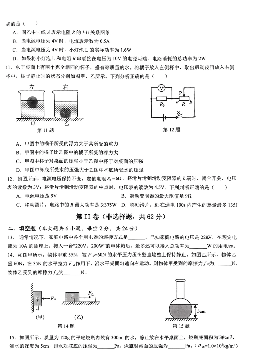2024年四川省营山县年中考一模考试物理试题（PDF版无答案）