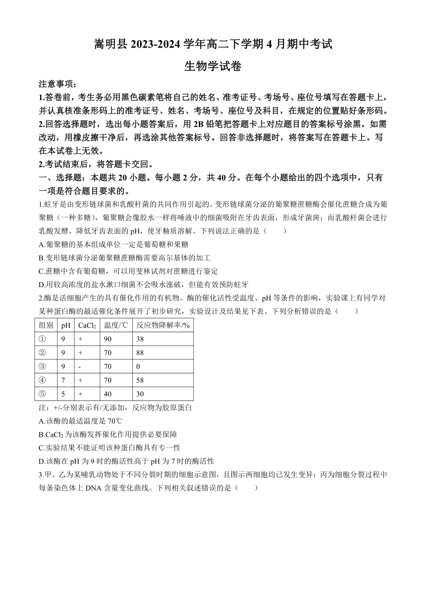 云南省昆明市嵩明县2023-2024学年高二下学期4月期中考试生物学试题（含答案）