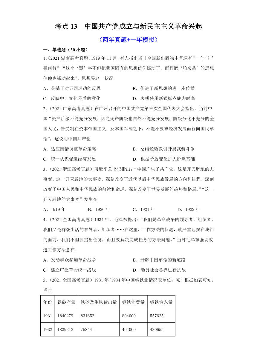 2022届高考历史一轮复习考点13中国共产党成立与新民主主义革命兴起（两年真题+一年模拟）（word版含解析）