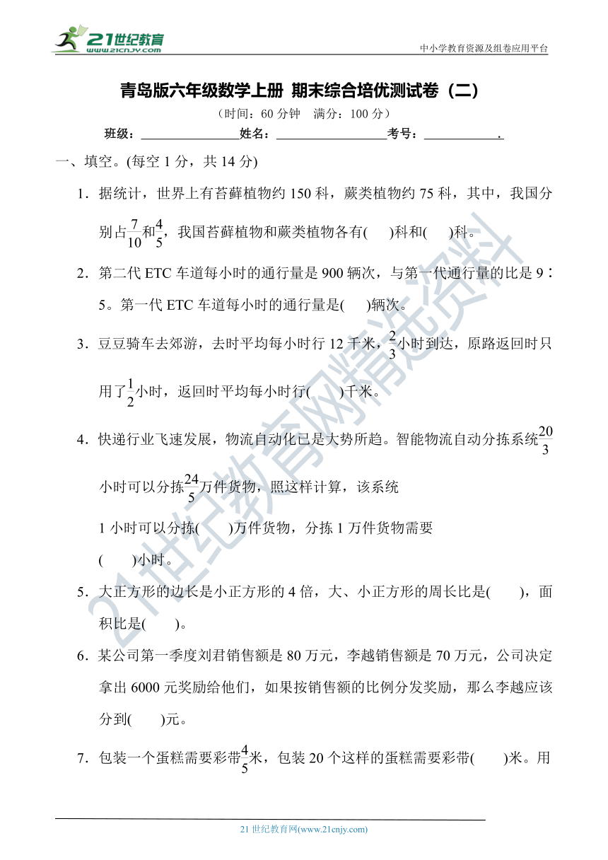 青岛版六年级数学上册 期末综合培优测试卷（二）（含答案及解析）