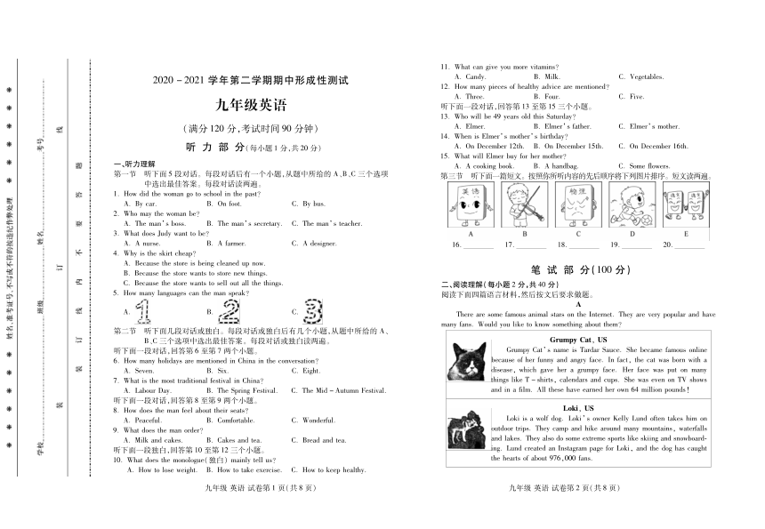 河南省洛阳市洛龙区2020-2021学年九年级下学期期中考试英语试题（PDF版 无答案）