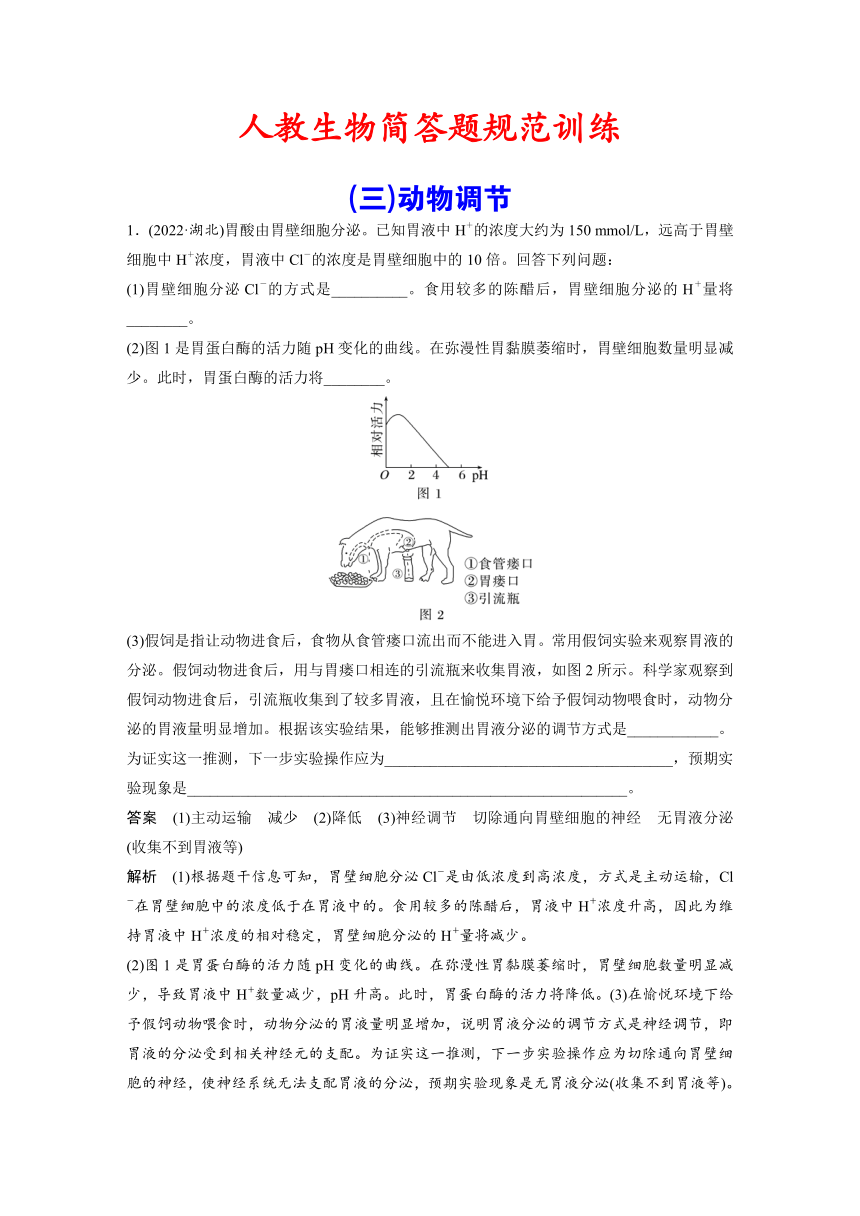 [备考2023]简答题规范训练：(3)动物调节（含解析）