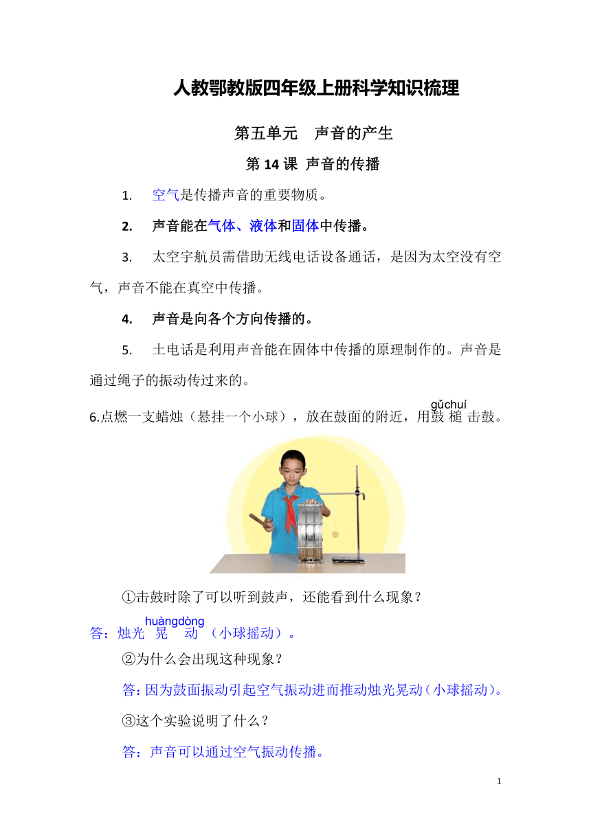 人教鄂教版四年级上册科学知识梳理.14.《声音的传播》